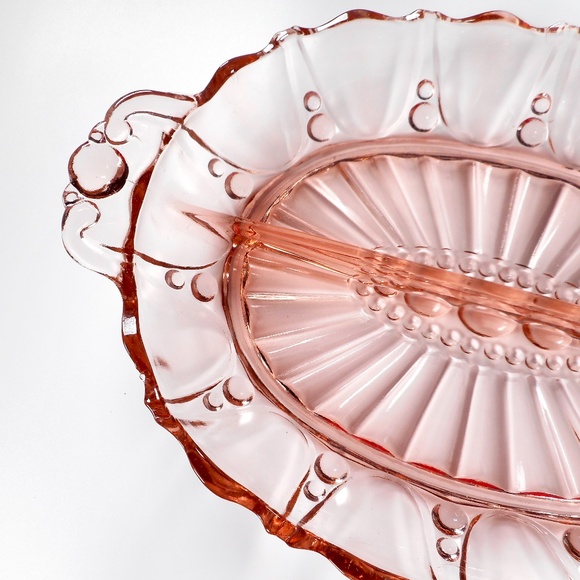 VTG Pink Depression Glass Oval Divided Candy Relish Dish 12" Long Oyster Pearl - Picture 8 of 10